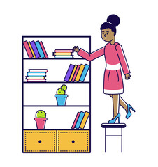 Wall Mural - Afro american woman put book in bookcase, female character standing small chair, bookshelf line vector illustration, isolated on white.