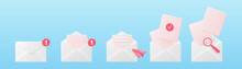 3d White Open Mail Envelope Icon Set With Pink Marker New Message Isolated On Blue Background. Render Email Notification With Letters, Check Mark, Paper Plane And Magnifying Glass. Realistic Vector.