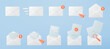 3d white mail envelope icon set with orange marker new message isolated on blue background. Render email notification with letter, check mark, paper plane and magnifying glass. 3d realistic vector.
