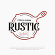 Vintage Retro Rustic, cast iron skillet for food dishes, classic restaurant kitchen, traditional food, restaurant food, logo vector illustration