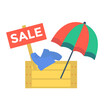Big tropical item beach sale, stuff umbrella and shoes lie wooden box, concept clearance flat vector illustration, isolated on white.