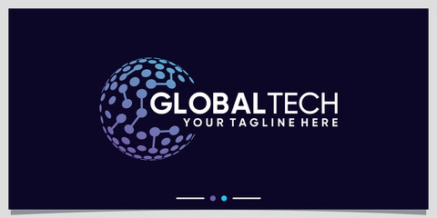 Wall Mural - Global tech logo design inspiration with line art and dot style Premium Vector