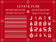 Knit Elements And Font. Christmas Seamless Borders. Knitted Pattern. Red Xmas Texture. Fairisle Ornament With Type, Snowflake, Deer, Bell, Tree, Snowman, Gift Box. Sweater Print. Vector Illustration.