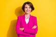 Photo of nice millennial brunette lady crossed arms wear pink blazer isolated on yellow color background