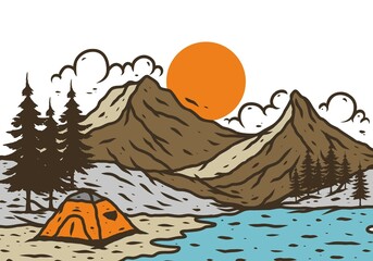 Wall Mural - line art illustration drawing of mountain lake camping