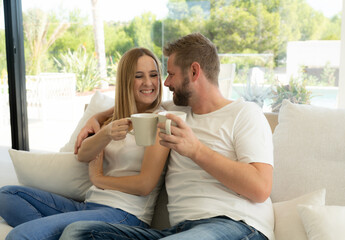 Wall Mural - Young couple holding cup of coffee while embracing in sofa