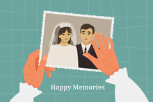 Old Vintage Wedding Photo In The Wrinkled Hands Of An Elderly Woman. Happy Memories Concept. Retro Photo. Flat Retro Style Vector Illustration