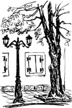 A Piece Of The Street With A Tree, A Lamppost And A Window. Sketch.