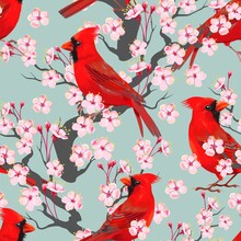 Vector Seamless Pattern With Flowers And Birds