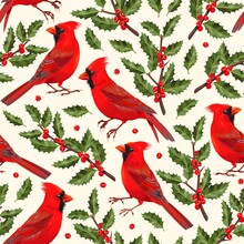 Vector Seamless Pattern With Birds And Holly