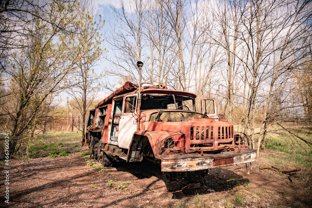 Old rusty abandoned Soviet fire truck in Chernobyl exclusion zone Stock ...