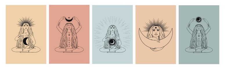 Hand drawn cards of silhouette mystical women with Sun, moon, star in line art. Spiritual abstract young woman. Magic collection, esoteric talisman. Vector sketch set illustration