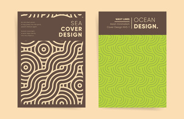 Geometric wavy asian minimalism design template set. Abstract vector japanese wavy lines. Cover template for poster, brochure, flyer, banner, background. Vintage brown green sea ocean pattern.
