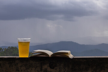 A glass of beer placed beside the Bible on the balcony over a beautiful view of the rainy season. God's teachings in the Bible warn that when you drink a lot of alcohol you can't control yourself.