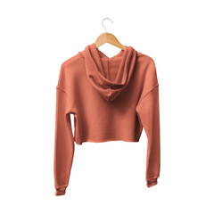 Get this Back View Attractive Crop Top Hoodie Mockup In Camellia Orange Color  With Hanger,  to finish your design process, for even more beautiful results