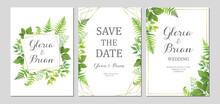 Wedding Invitation With Green Leaves Border And Geometric Frames. Invite Card With Place For Text. Frame With Forest Herbs. Vector Illustration.