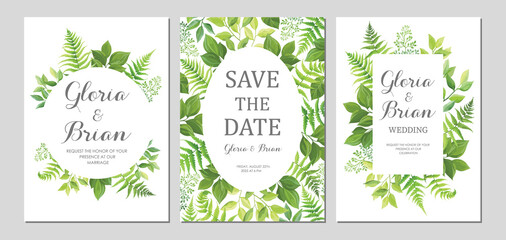 Wall Mural - Wedding invitation with green leaves border. Invite card with place for text. Frame with forest herbs. Vector illustration.