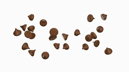 3D illustration of tasty chocolate chips falling from the top isolated on white background