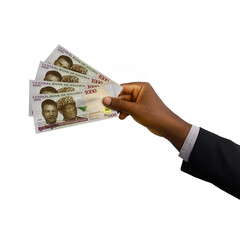 Black hand in suit holding 3D rendered Nigerian Naira notes isolated on white background