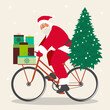 Happy New Year. Poster Santa Claus on a bicycle delivers gifts and a Christmas tree. Festive modern postcard. 