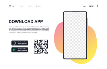 Download page of the mobile app. Background for download app page. Download app concept. mpty screen smartphone for you app. Buttons with scan qr code template. 3D realistic phone.