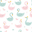 cute seamless pattern with hand drawn swans and little ducks on white background. Good for girlish textile prints, nursery decor, wrapping paper, wallpaper, scrapbooking, etc.