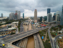 Aerial View Of Ayalon Highway And Shiffman's Bridge In City Downtown, Tel-Aviv, Israel.