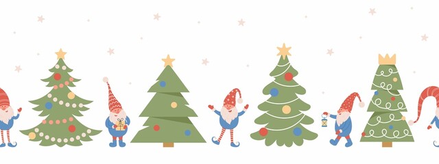 Seamless linear pattern with cute gnomes and christmas trees. Nordic Christmas, scandinavian Christmas. For wrapping paper, scrapbooking, wall paper, fabric, textile