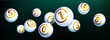 © redgreystock - Realistic bingo lotto game ball of winning combination. Lottery or keno gambling games. White shiny balls with golden text of numbers isolated on dark background. Gaming leisure activity concept.