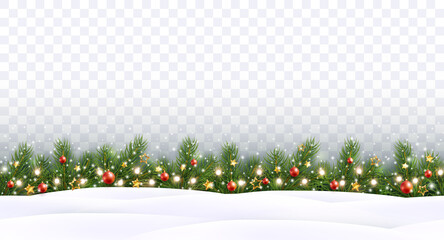 Wall Mural - Border with green fir branches, balls, gold stars, lights, snowflakes isolated on transparent background. Pine, xmas plants, snowdrifts seamless banner. Vector Christmas tree garland and snow drifts