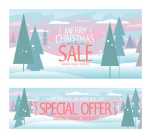 Merry Christmas Sale And Happy New Year Special Offer, Holiday Clearance Banners Or Posters Templates Set