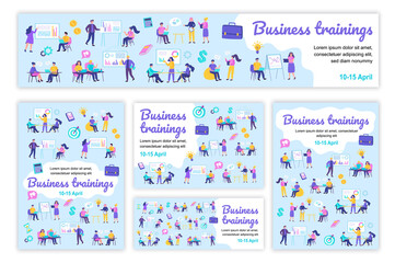 Fototapete - Business trainings poster and banner templates set. Men and women learning at conference, analyze presentation, brainstorming. Cover brochure with tiny people in flat design. Vector illustration.