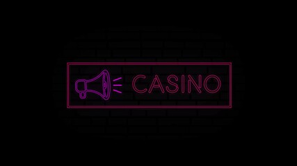 Poster - Casino neon sign in a frame with a megaphone on a black background. Animation glowing neon line text Casino. 4K Video motion graphic animation.