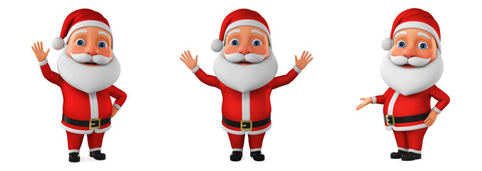 Wall Mural - Character Santa Claus points hand at empty space. Little Santa Claus with a raised hand in greeting. 3d rendering illustration for advertising.