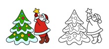 Coloring Pages. Coloring Book Santa Claus And Christmas Tree. Isolated. Vector Illustration