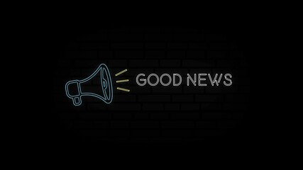 Poster - Glowing neon line Megaphone icon with text Good news isolated on black background. 4K Video motion graphic animation.