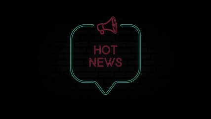 Poster - Glowing neon line Megaphone icon with text Hot news isolated on black background. Hot news neon sign in speech bubble frame with megaphone. 4K Video motion graphic animation.