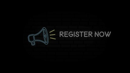 Aufkleber - Glowing neon line Megaphone icon with text Register now isolated on black background. 4K Video motion graphic animation.