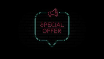 Poster - Glowing neon line Megaphone icon with text Special offer isolated on black background. Special offer neon sign in speech bubble frame with megaphone. 4K Video motion graphic animation.
