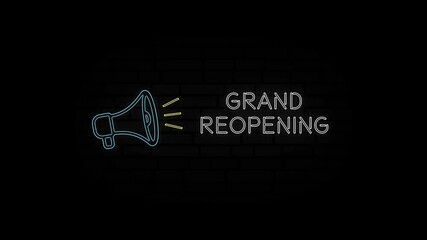 Aufkleber - Glowing neon line Megaphone icon with text Grand reopening isolated on black background. 4K Video motion graphic animation.