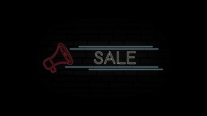 Poster - Glowing neon line Megaphone icon with text Sale isolated on black background. 4K Video motion graphic animation.