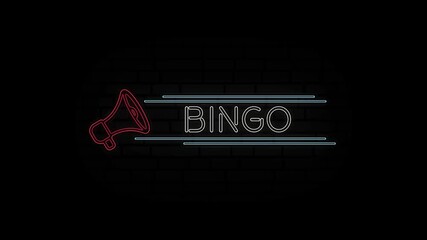 Poster - Glowing neon line Megaphone icon with text Bingo isolated on black background. 4K Video motion graphic animation.