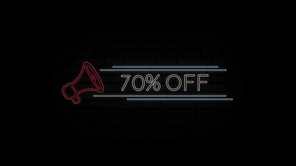 Aufkleber - Glowing neon line Megaphone icon with text 70 Percent Off isolated on black background. 4K Video motion graphic animation.