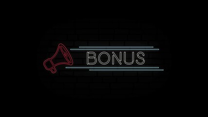 Aufkleber - Glowing neon line Megaphone icon with text Bonus isolated on black background. 4K Video motion graphic animation.