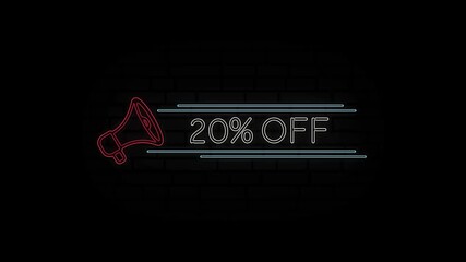 Aufkleber - Glowing neon line Megaphone icon with text 20 Percent Off isolated on black background. 4K Video motion graphic animation.