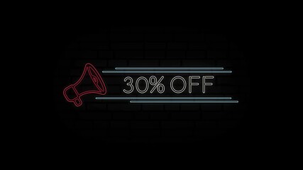 Aufkleber - Glowing neon line Megaphone icon with text 30 Percent Off isolated on black background. 4K Video motion graphic animation.
