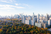 Downtown Toronto With Riverdale East Park Trees With Fall Colours Red Green Orange And Yellow Leaf Colours. The CN Tower And The Toronto Skyline With Blue Skies And Little Clouds.