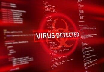 Leinwandbilder - Virus detected warning alert message on computer screen. Cyber security, hacking attack vector background. Firewall alarm, internet antivirus defense, account privacy, ransomware or malware detection