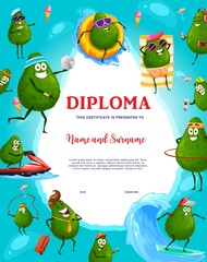 Wall Mural - Cartoon happy avocado characters on summer vacation on kids diploma. Child education achievement award or certificate, graduation diploma with funny fruit resting on beach with drink, swim and travel