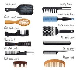 Hair combs and hairbrushes, woman fashion and haircare vector accessories. Hairdresser salon styling and hair brushing tools, wooden bristle and paddle brush, hairstyle rat tail and pitchfork comb